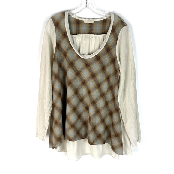 CP Shades Tops - CP Shades Jaci Silk Cotton Blend Brown Plaid Print Long Sleeve Longline Tunic M
